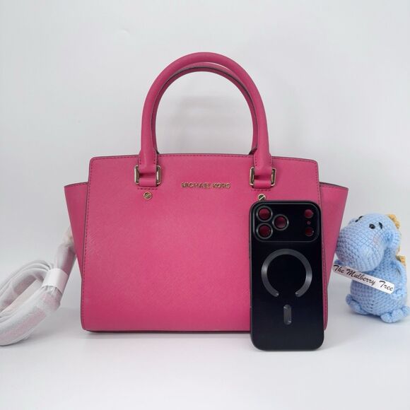 Michael Kors Medium Selma Leather Cranberry Pink Handle Crossbody Strap Satchel - Picture 4 of 8